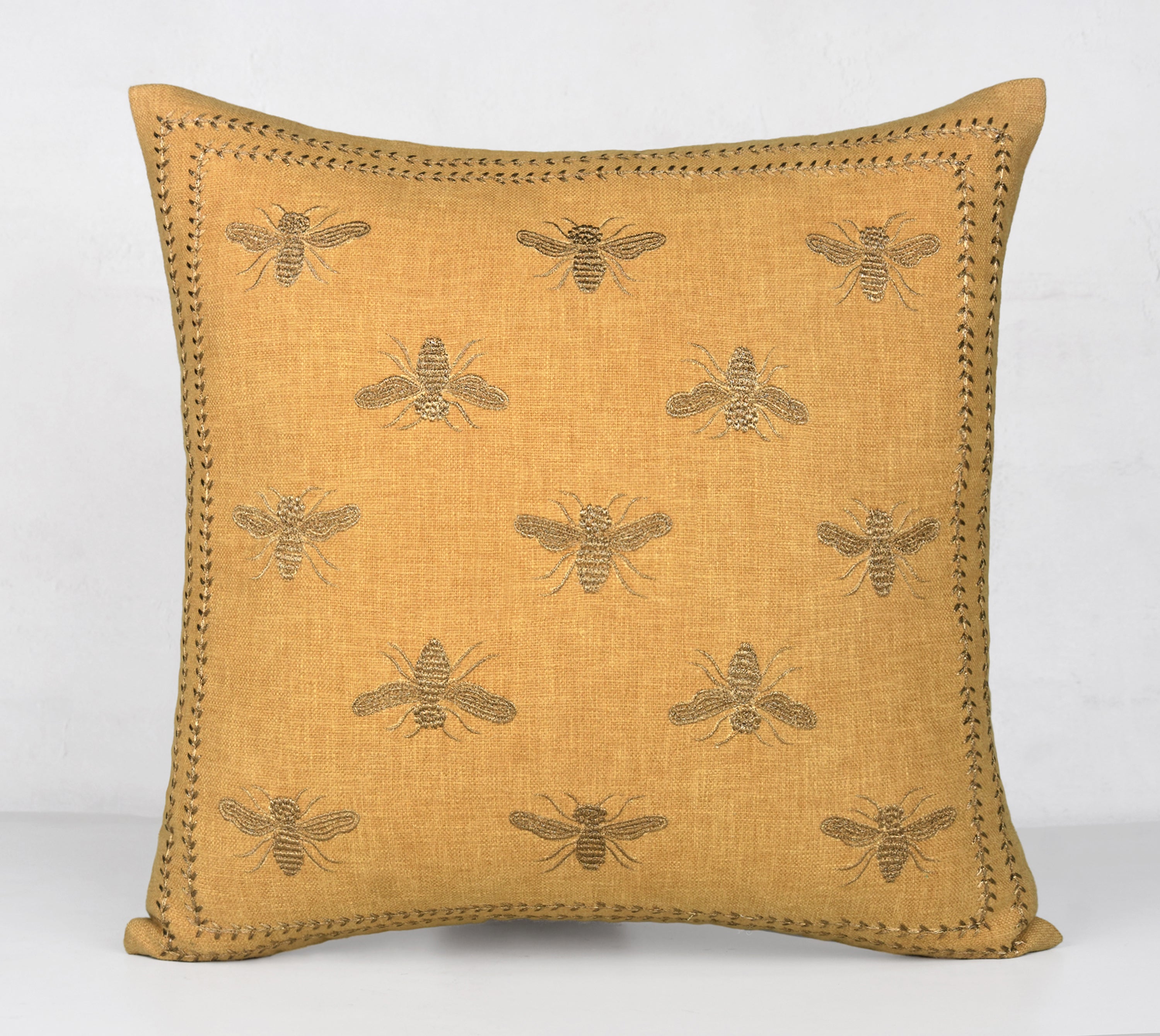 Yellow Gold Throw Pillow Cover: Hand Embroidered Insect Design
