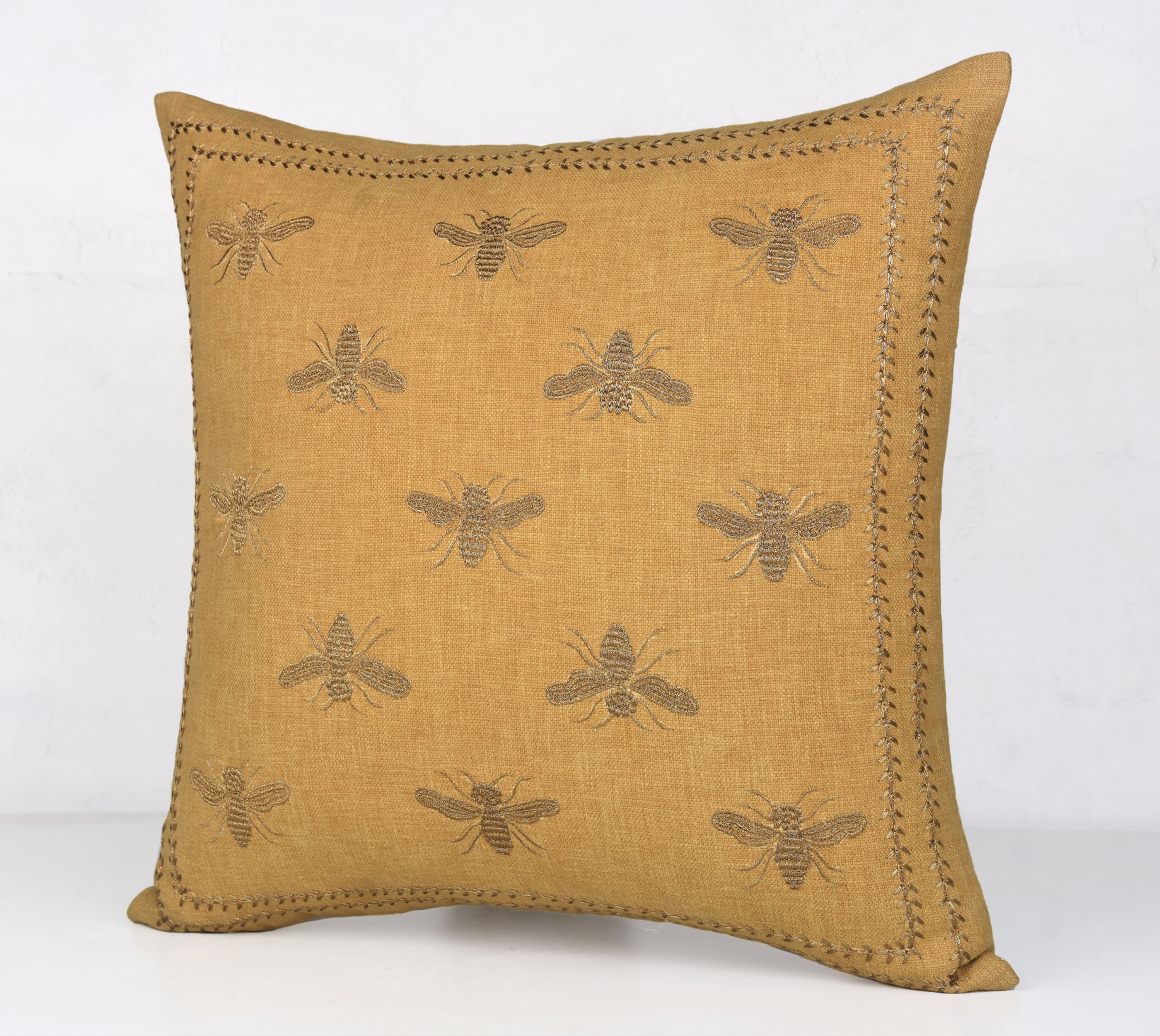 Yellow Gold Throw Pillow Cover: Hand Embroidered Insect Design