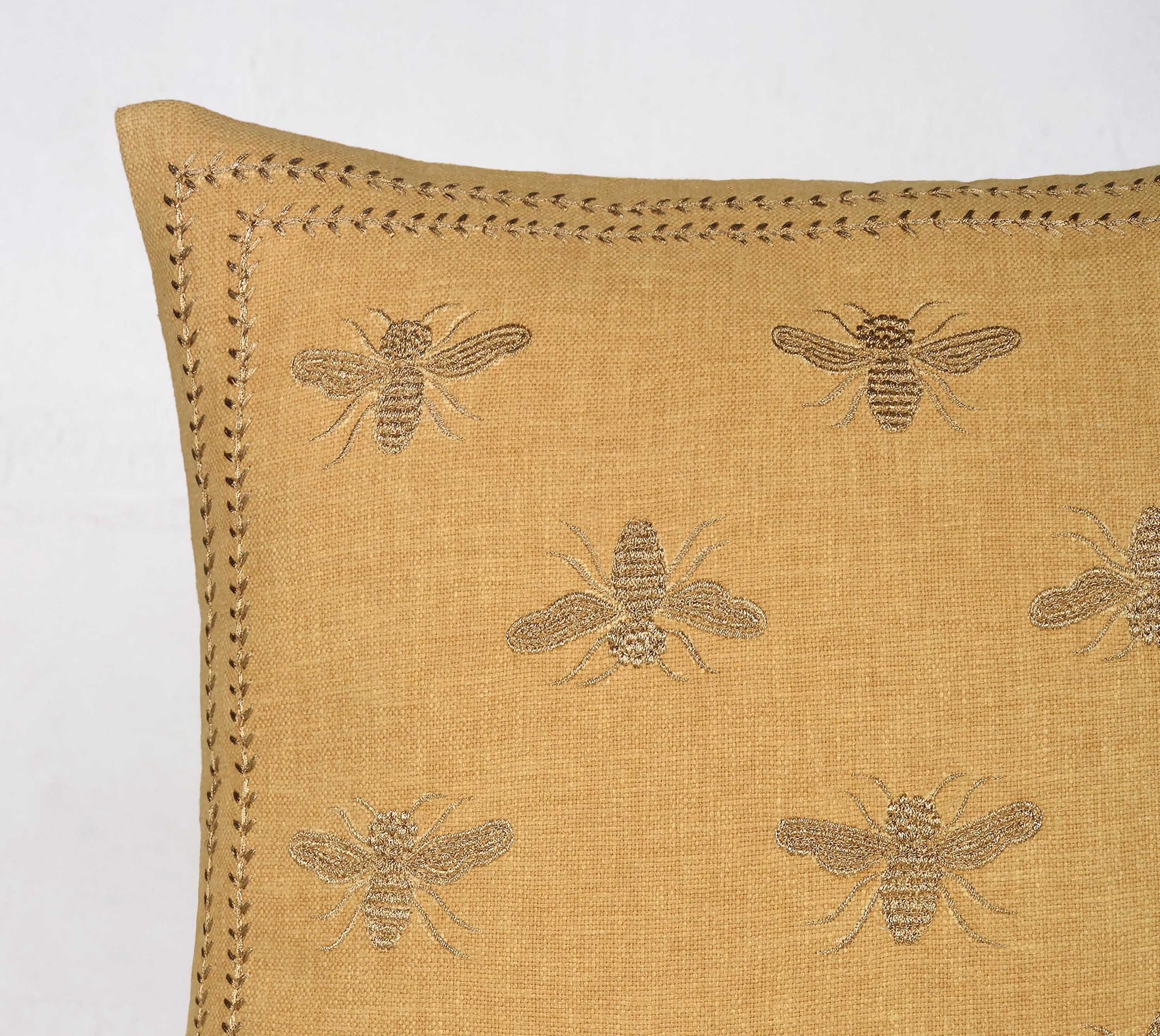 Yellow Gold Throw Pillow Cover: Hand Embroidered Insect Design