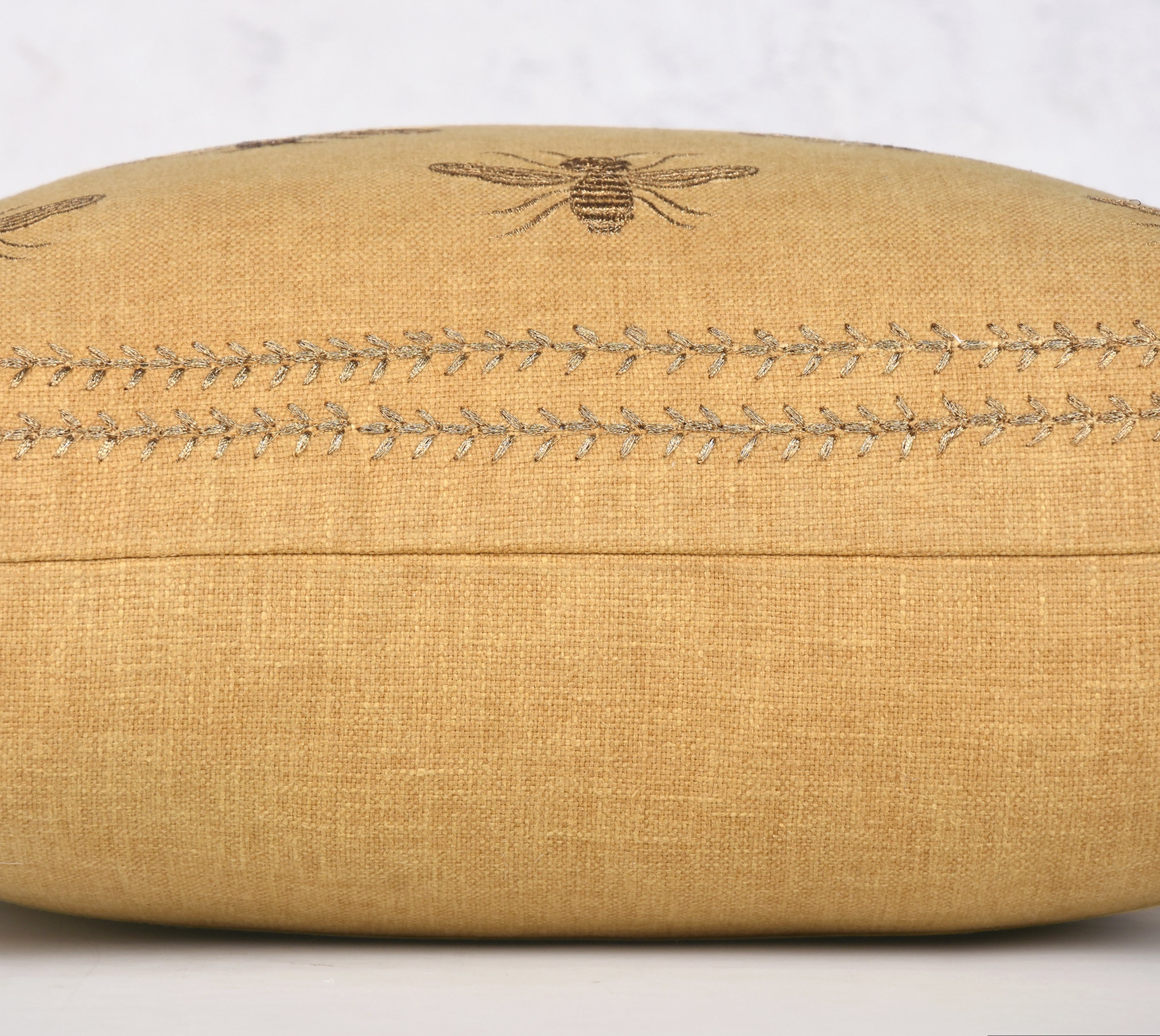 Yellow Gold Throw Pillow Cover: Hand Embroidered Insect Design