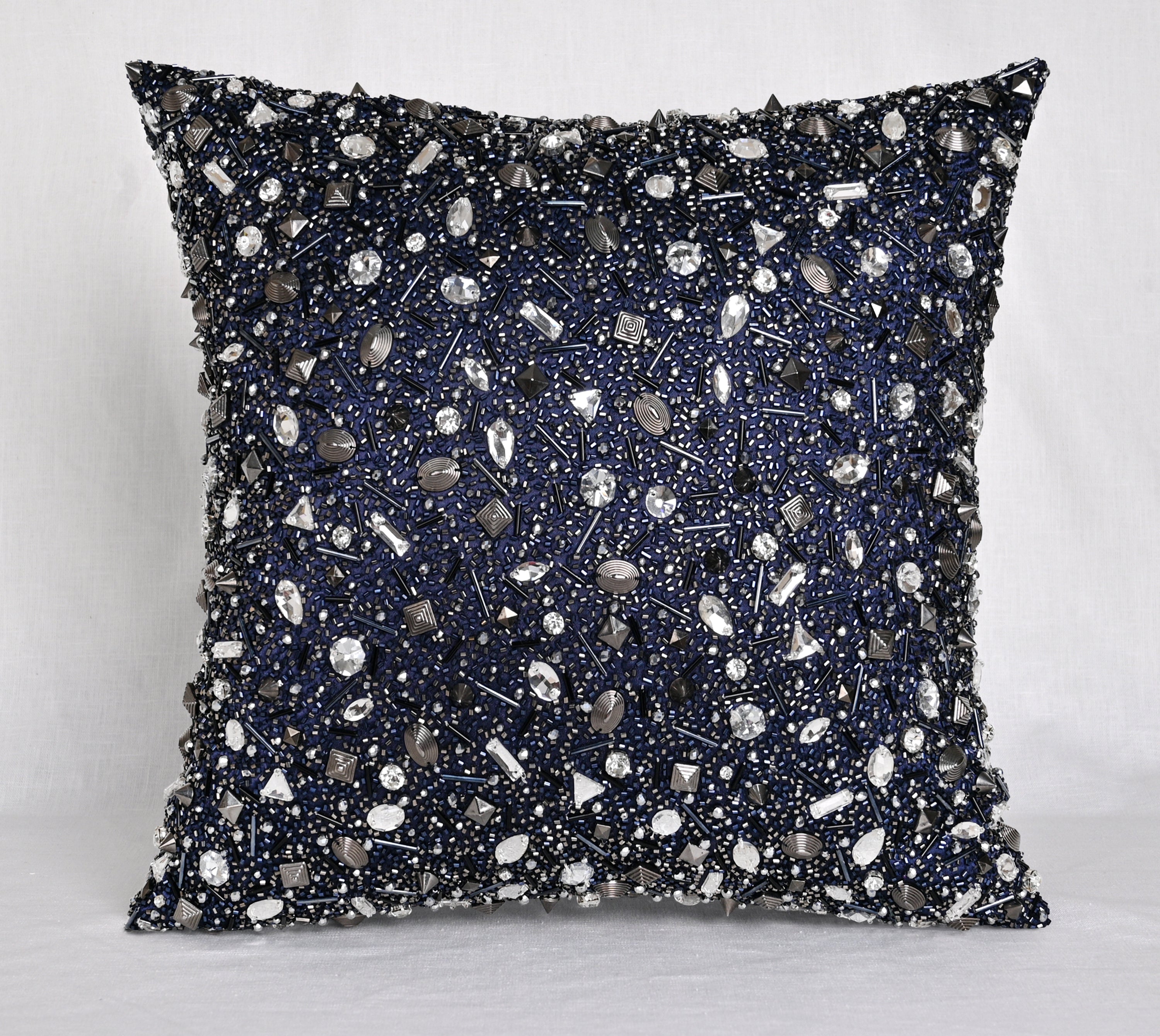 FORTUNE Navy Blue Bling Satin Cushion Cover
