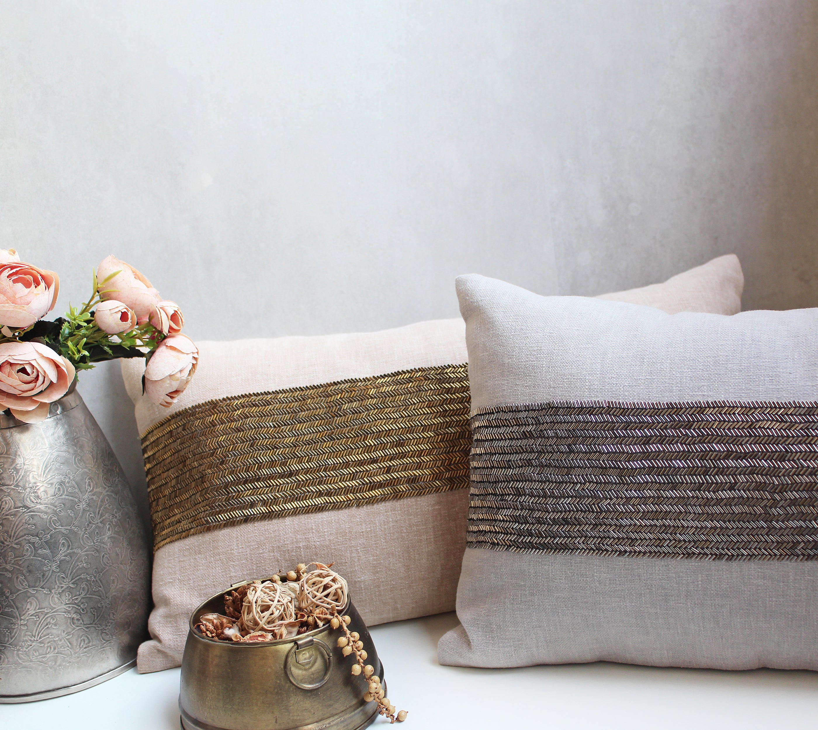 LUNA Beige Beaded Cotton Cushion Cover