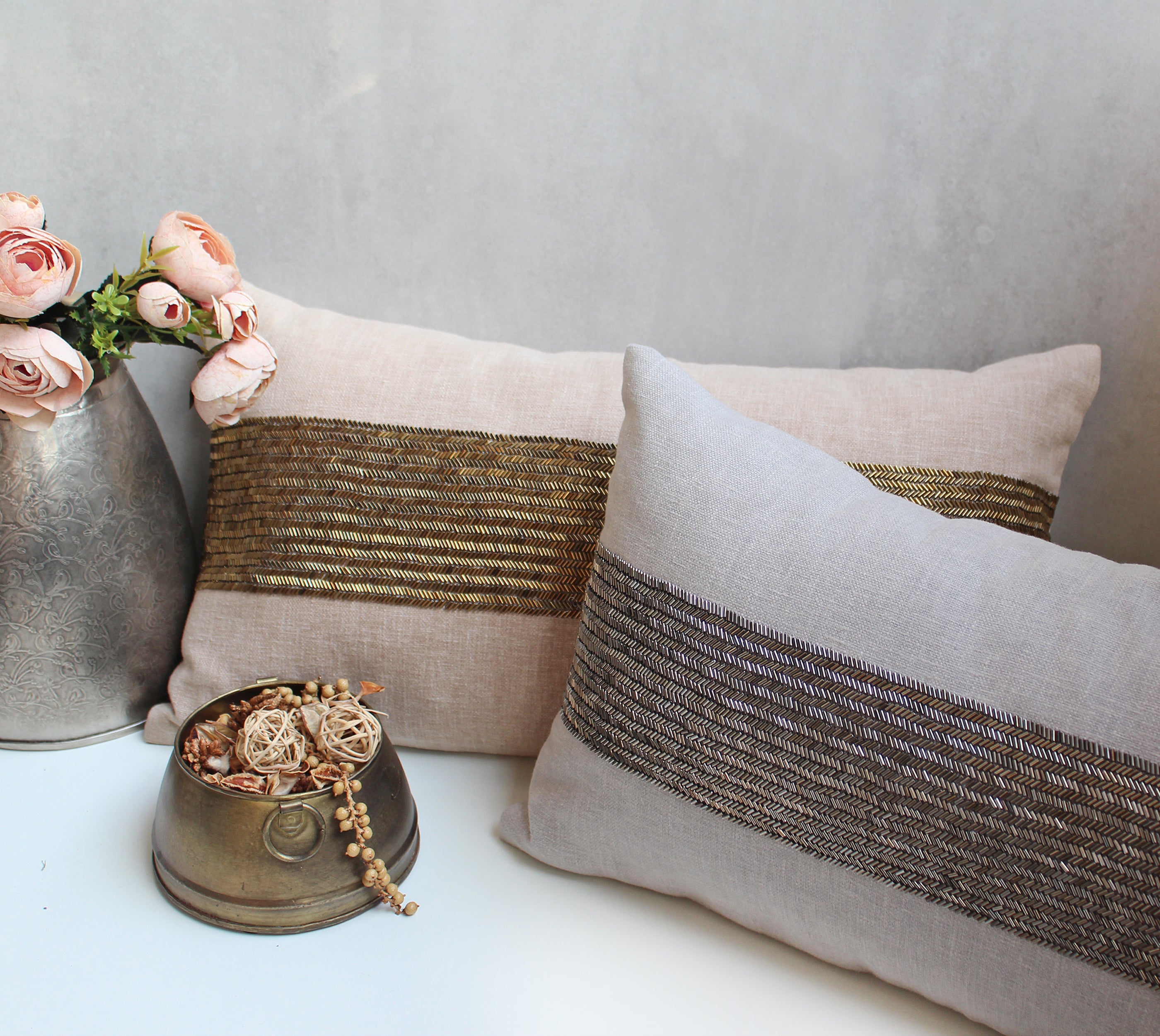 LUNA Beige Beaded Cotton Cushion Cover