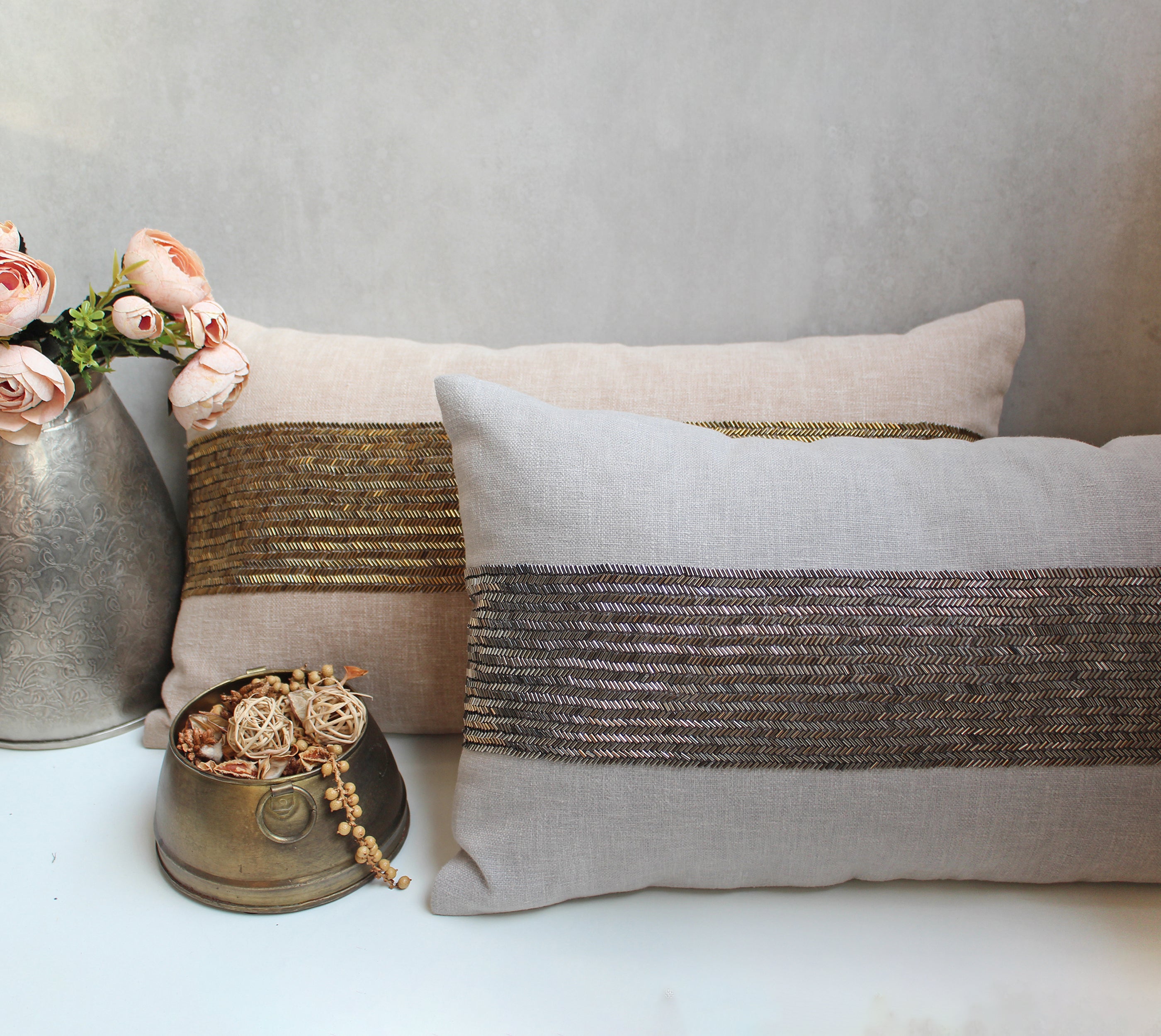 LUNA Beige Beaded Cotton Cushion Cover