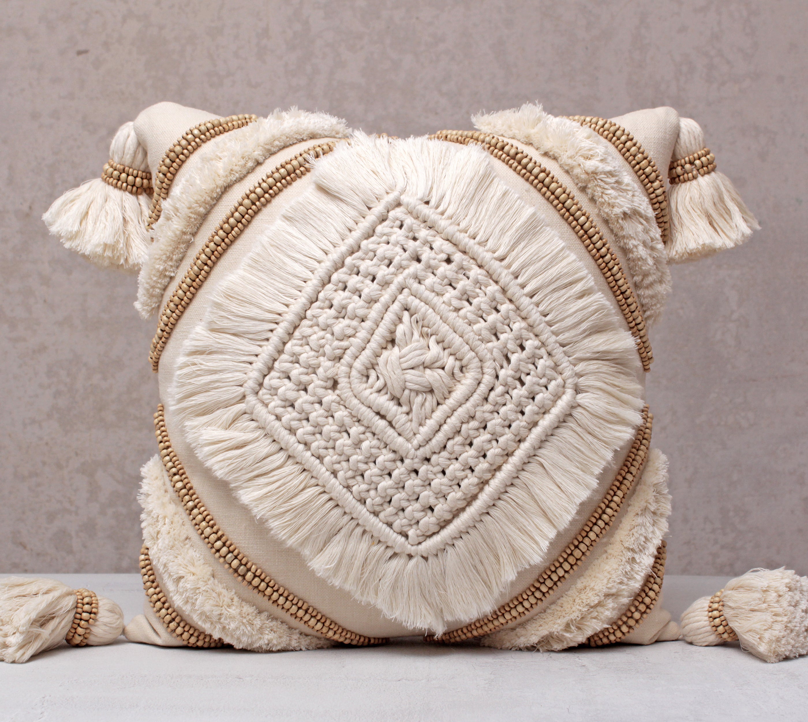 REVA Offwhite Macrame Cotton Cushion Cover