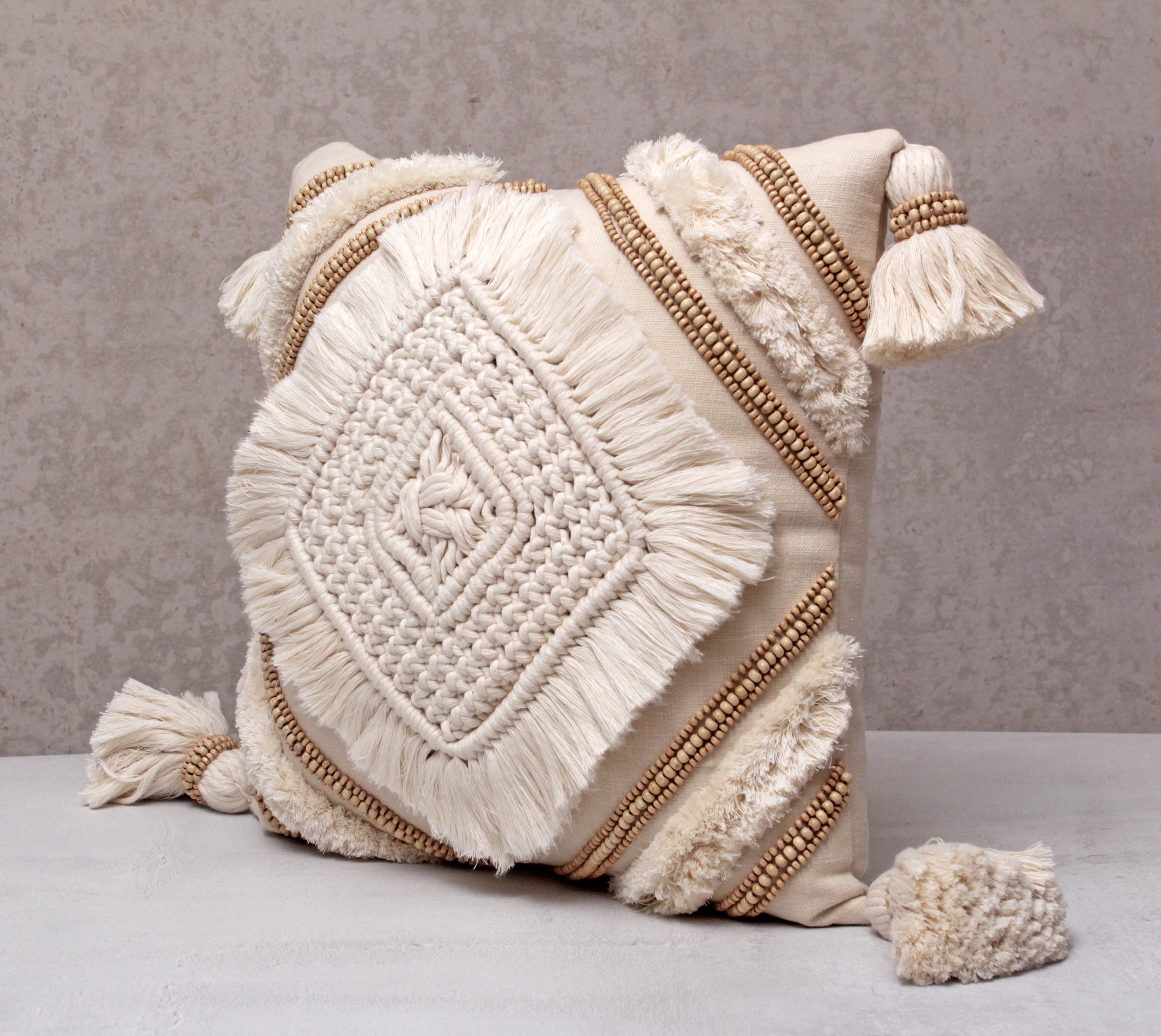 REVA Offwhite Macrame Cotton Cushion Cover