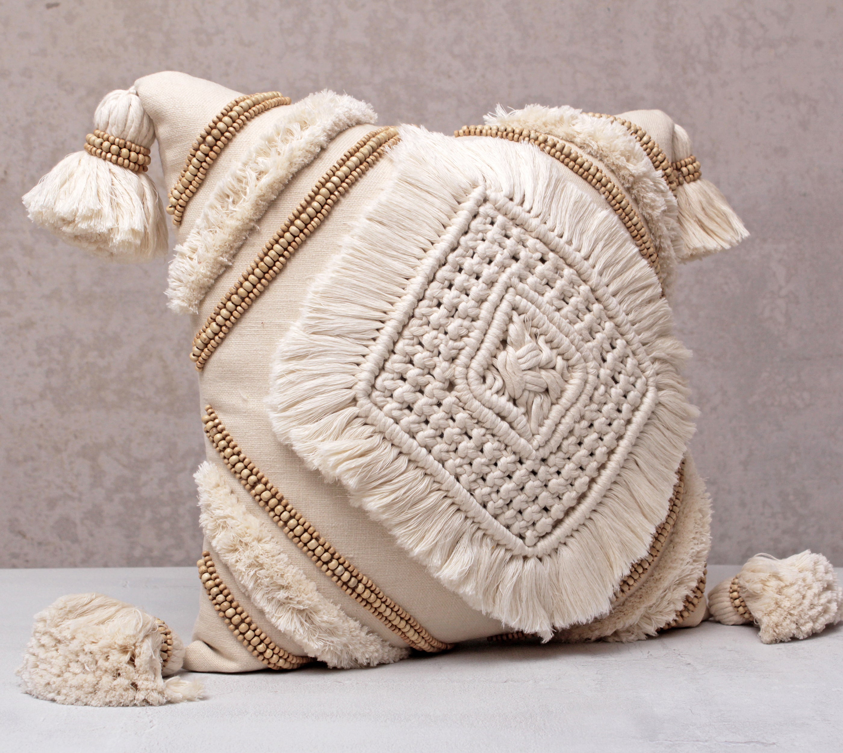 REVA Offwhite Macrame Cotton Cushion Cover