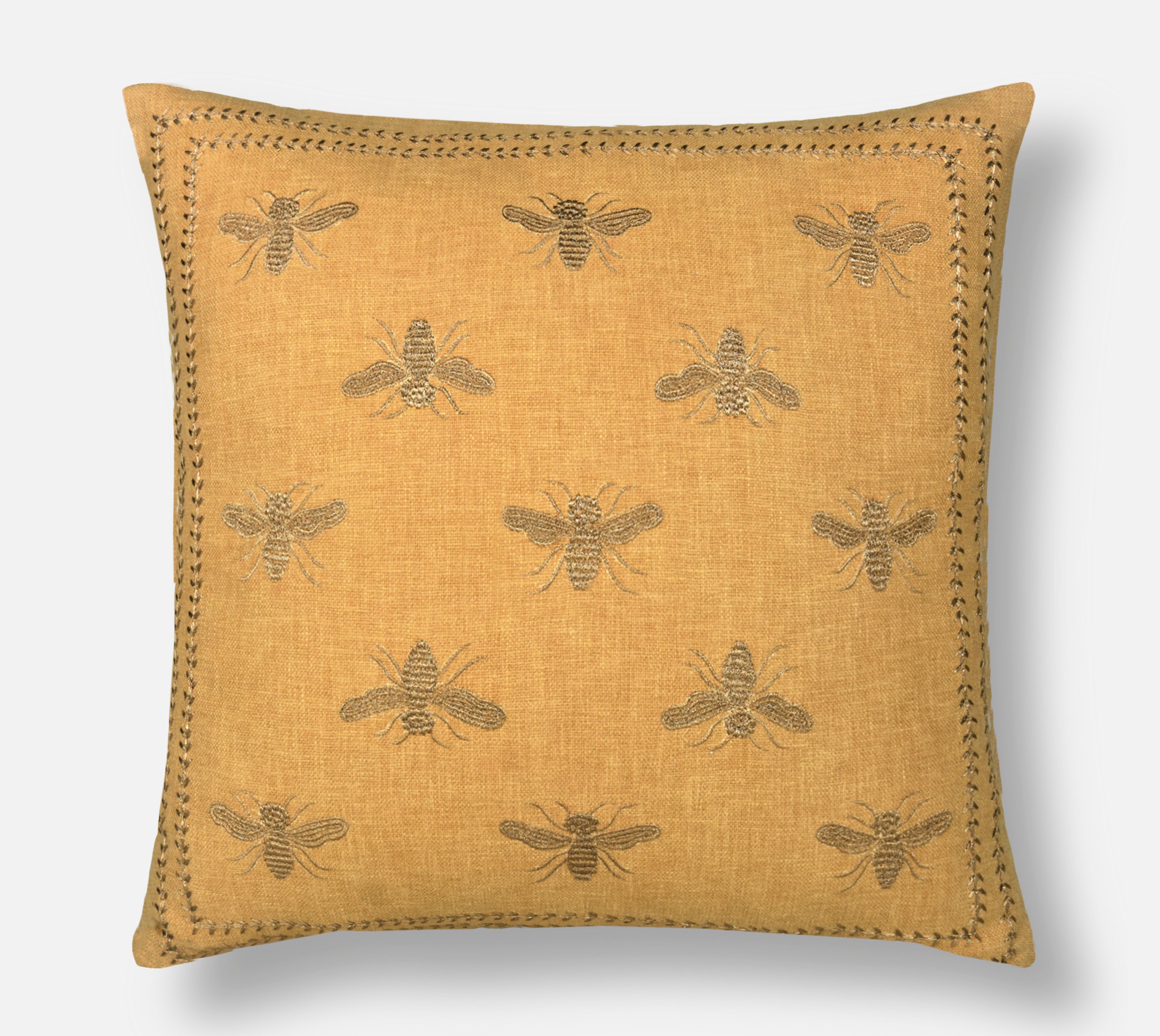 Yellow Gold Throw Pillow Cover: Hand Embroidered Insect Design