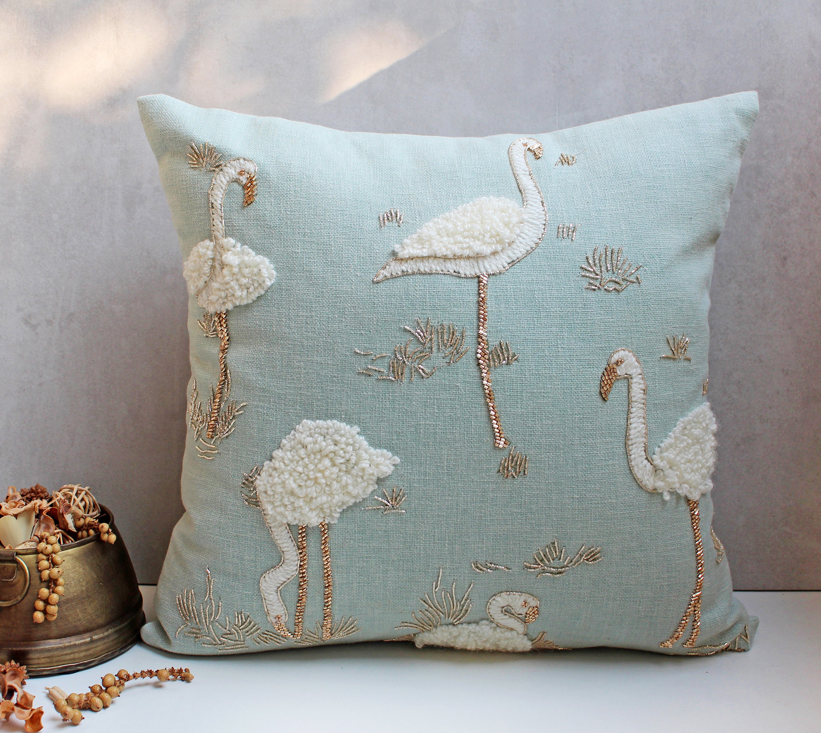 ISABELLA Mint and Off-white Flamingo Cushion Cover
