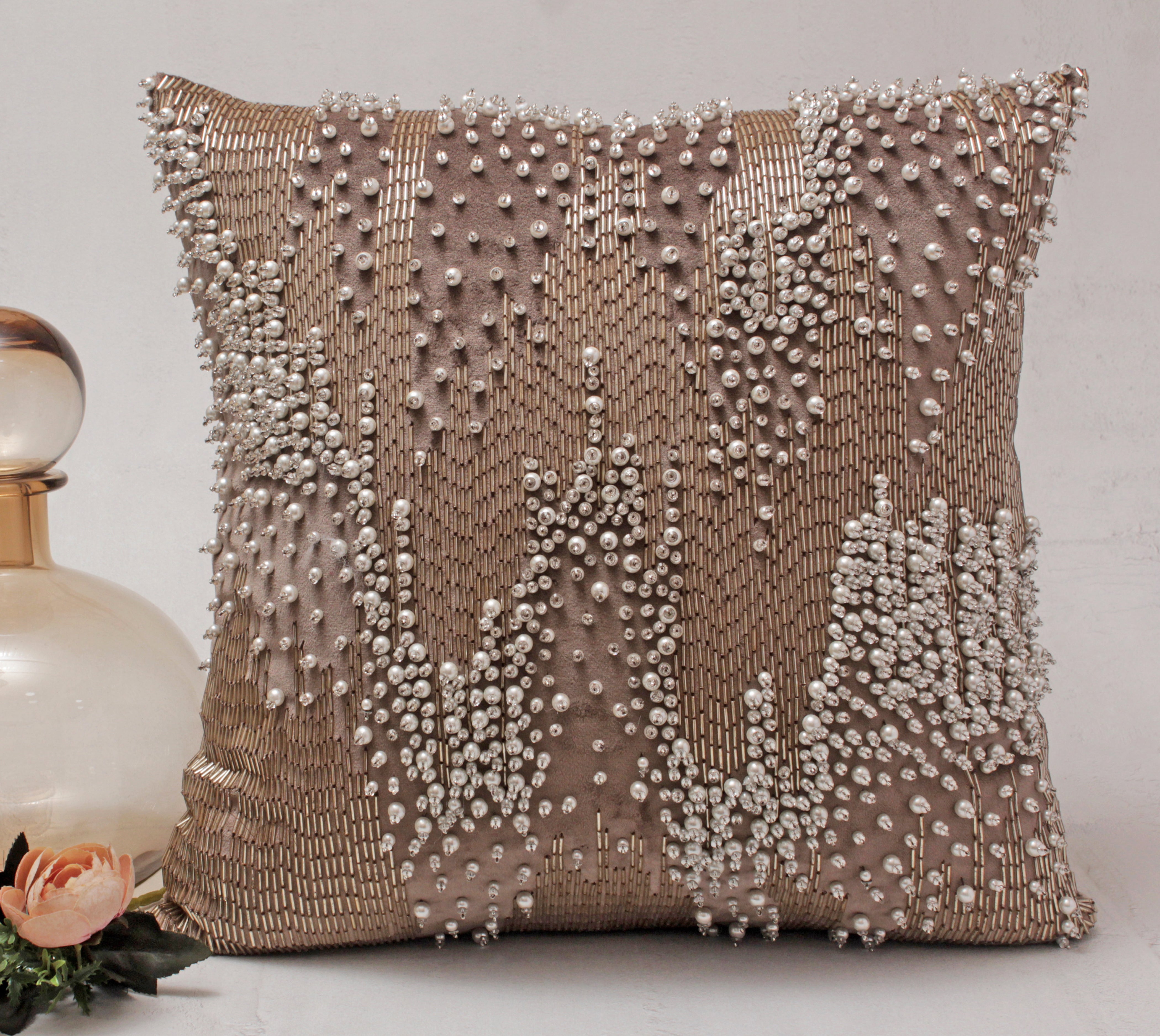 XENIA Taupe Rosegold and Pearl Cushion Cover