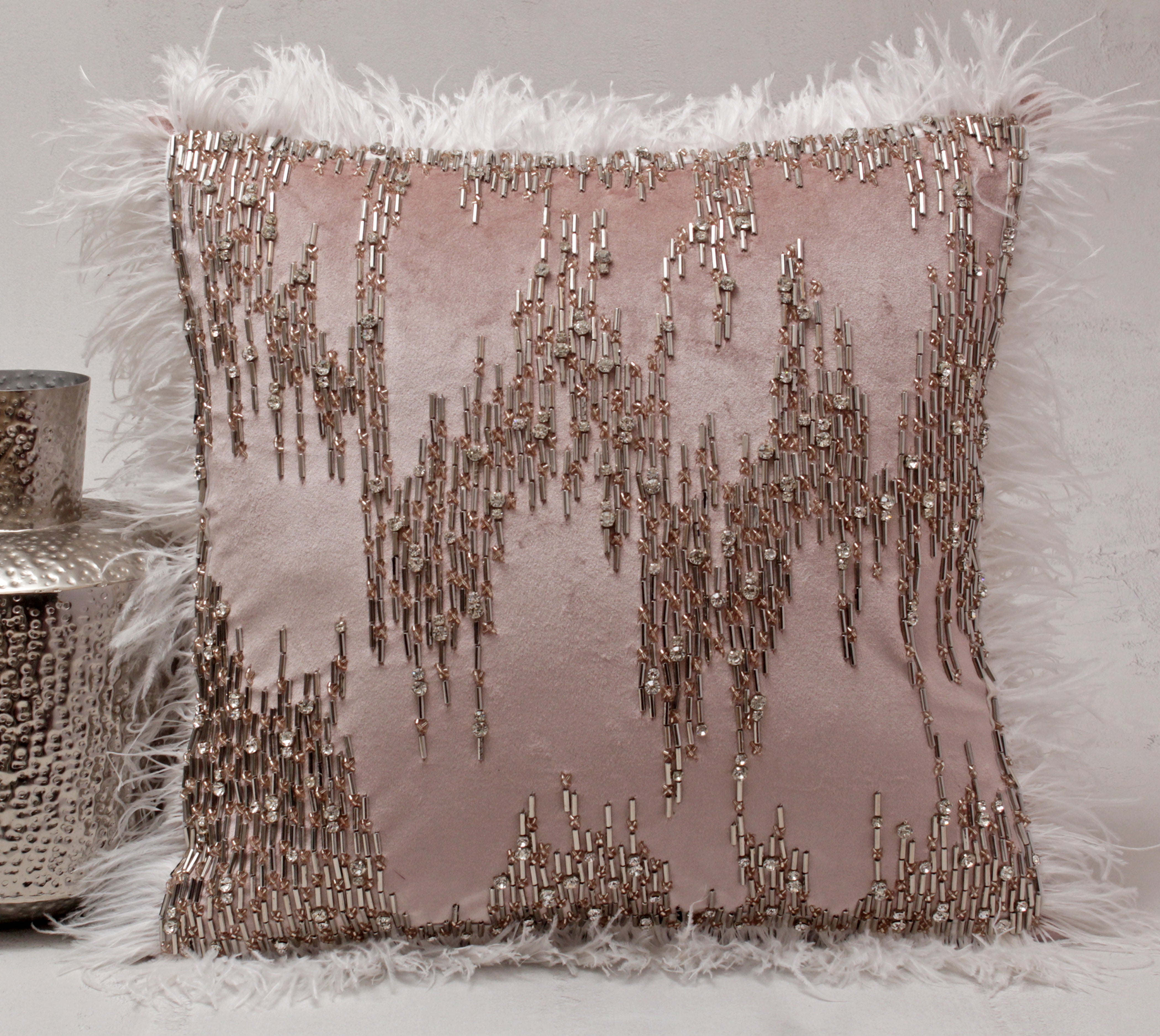 XENIA Pink Silver and White Feather Cushion Cover