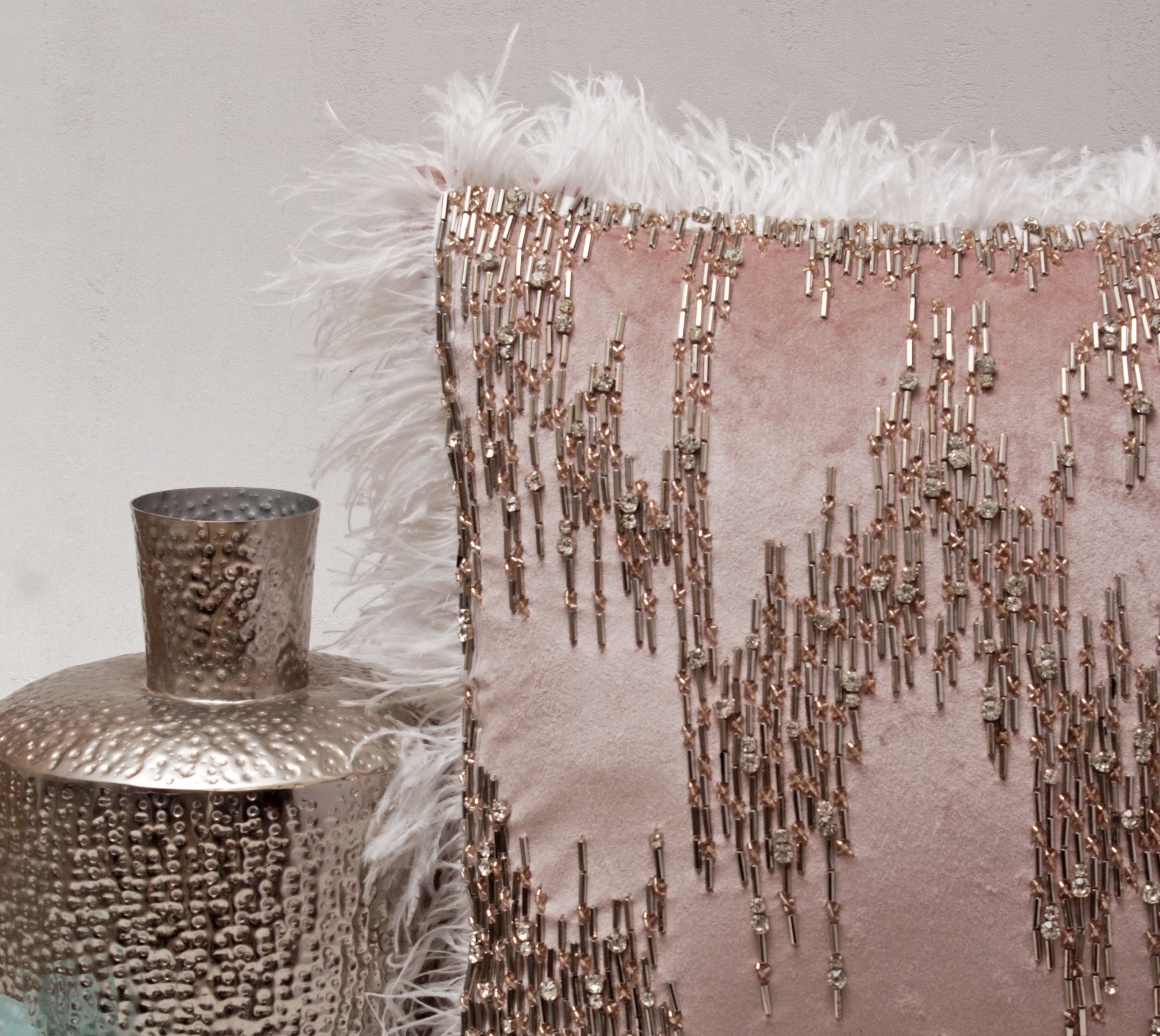 XENIA Pink Silver and White Feather Cushion Cover