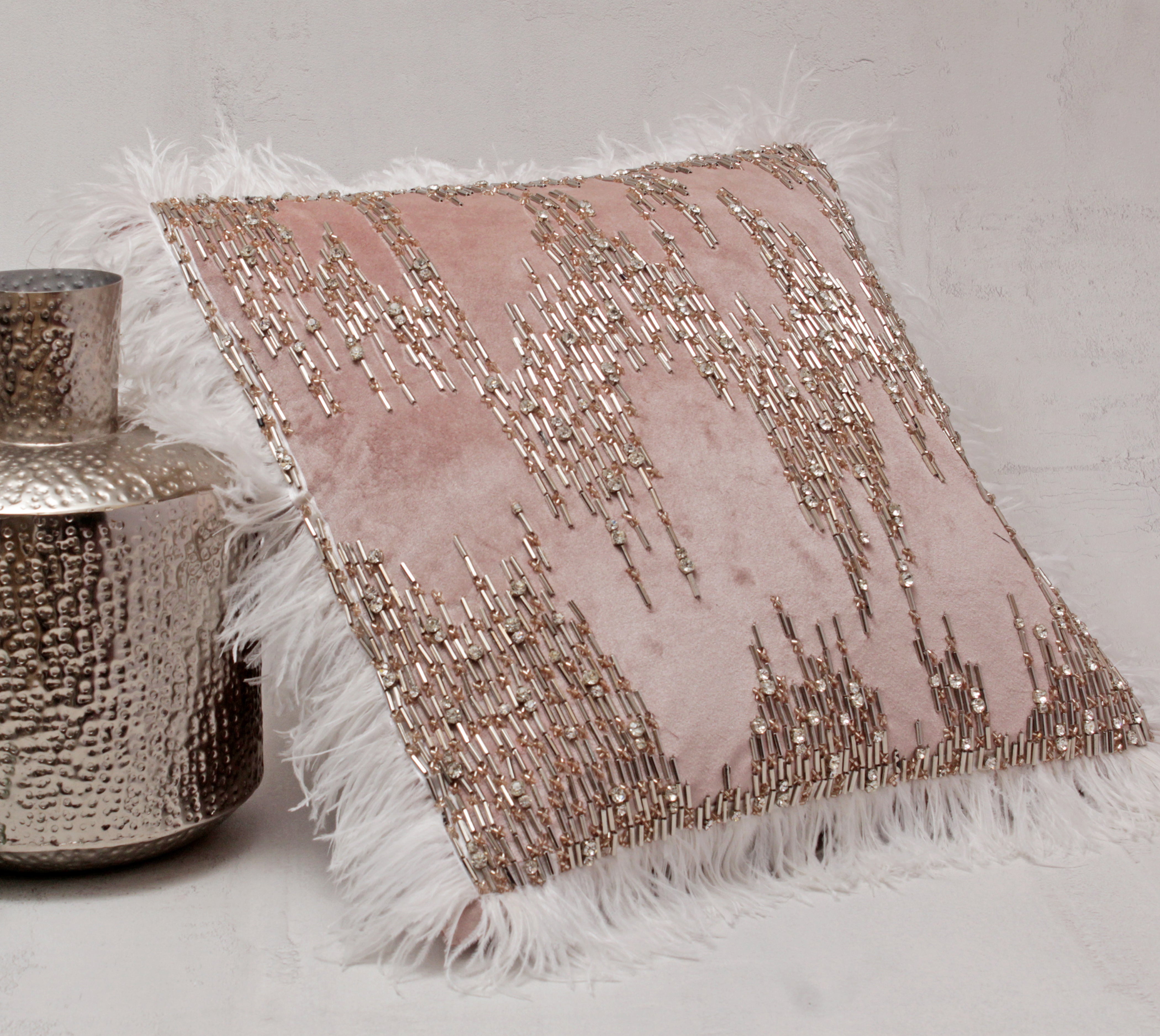 XENIA Pink Silver and White Feather Cushion Cover