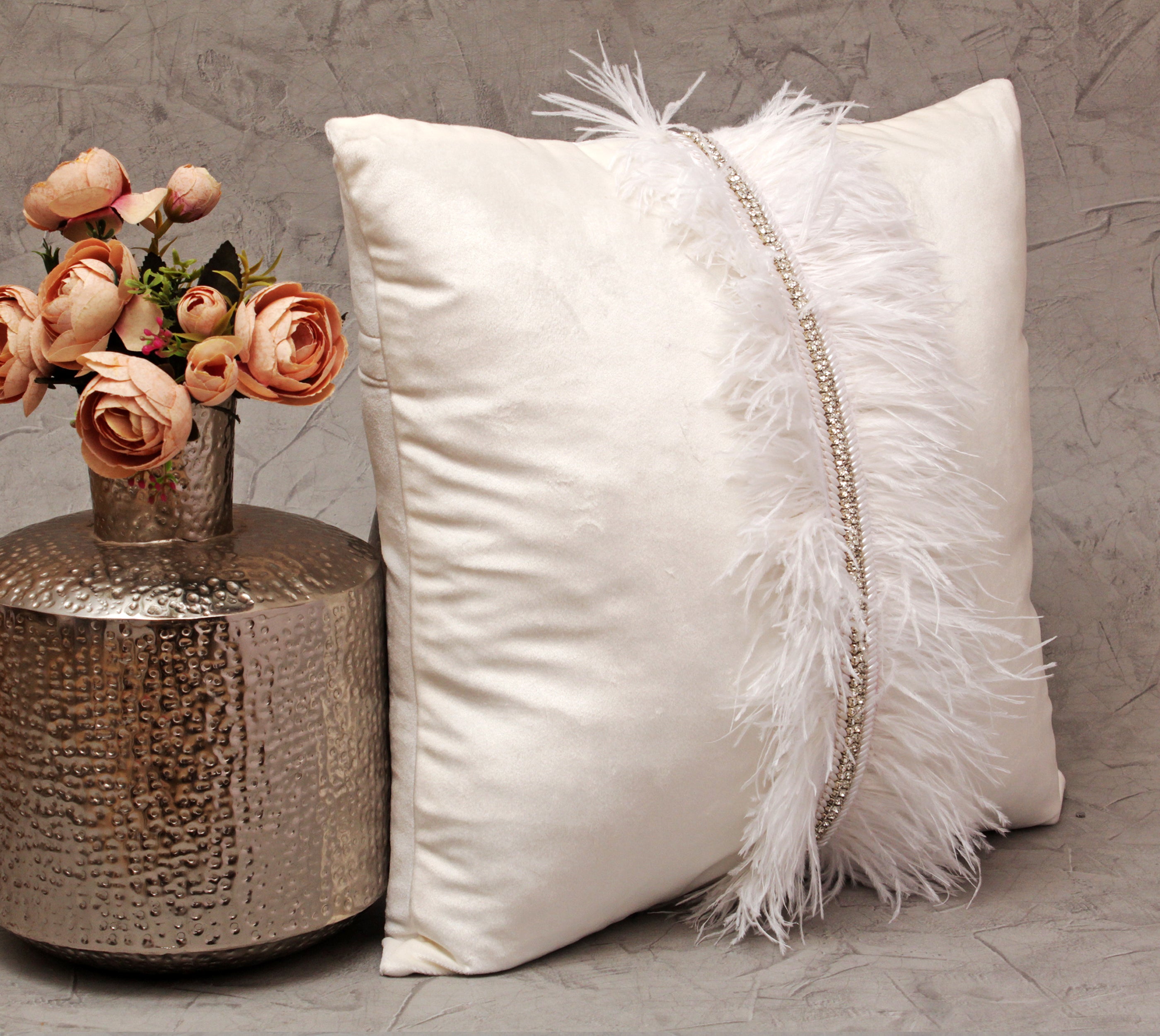 XENIA Offwhite and Silver  Feather  Cushion Cover