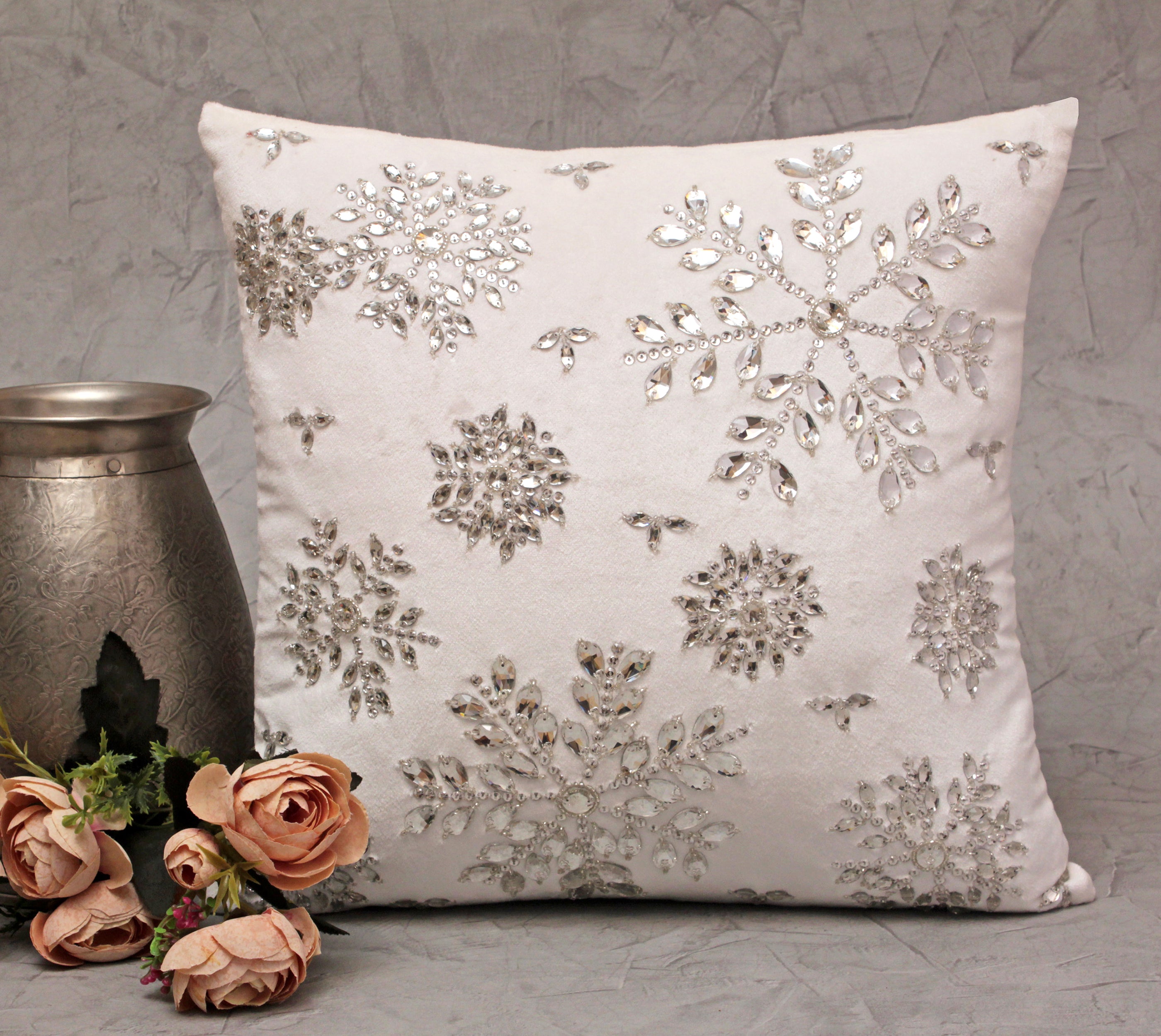 White and Silver Snowflake Cushion Cover