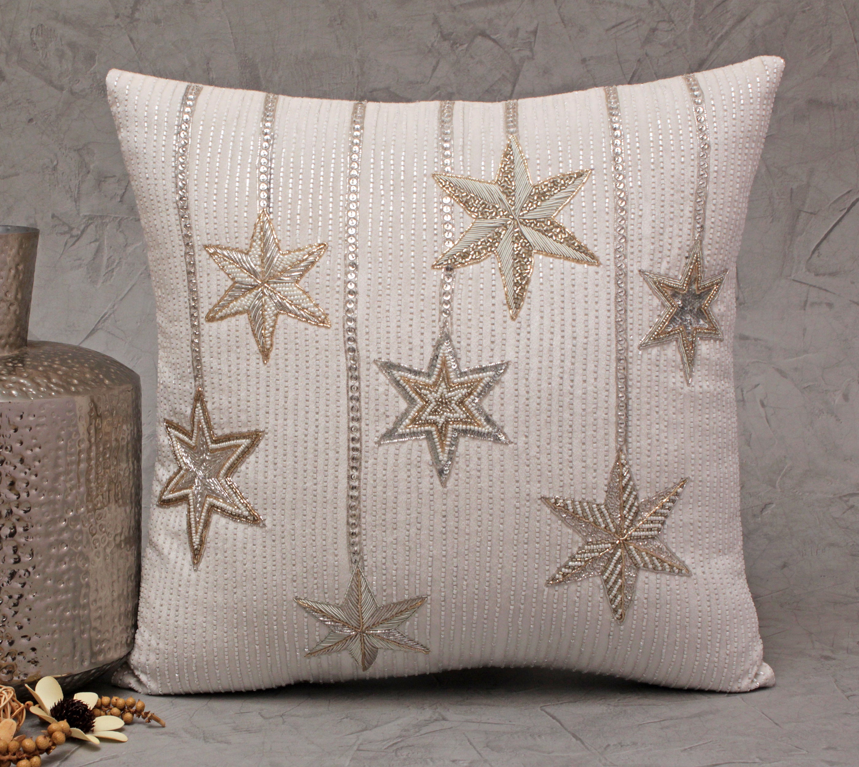 White Silver and Gold Star Cushion Cover
