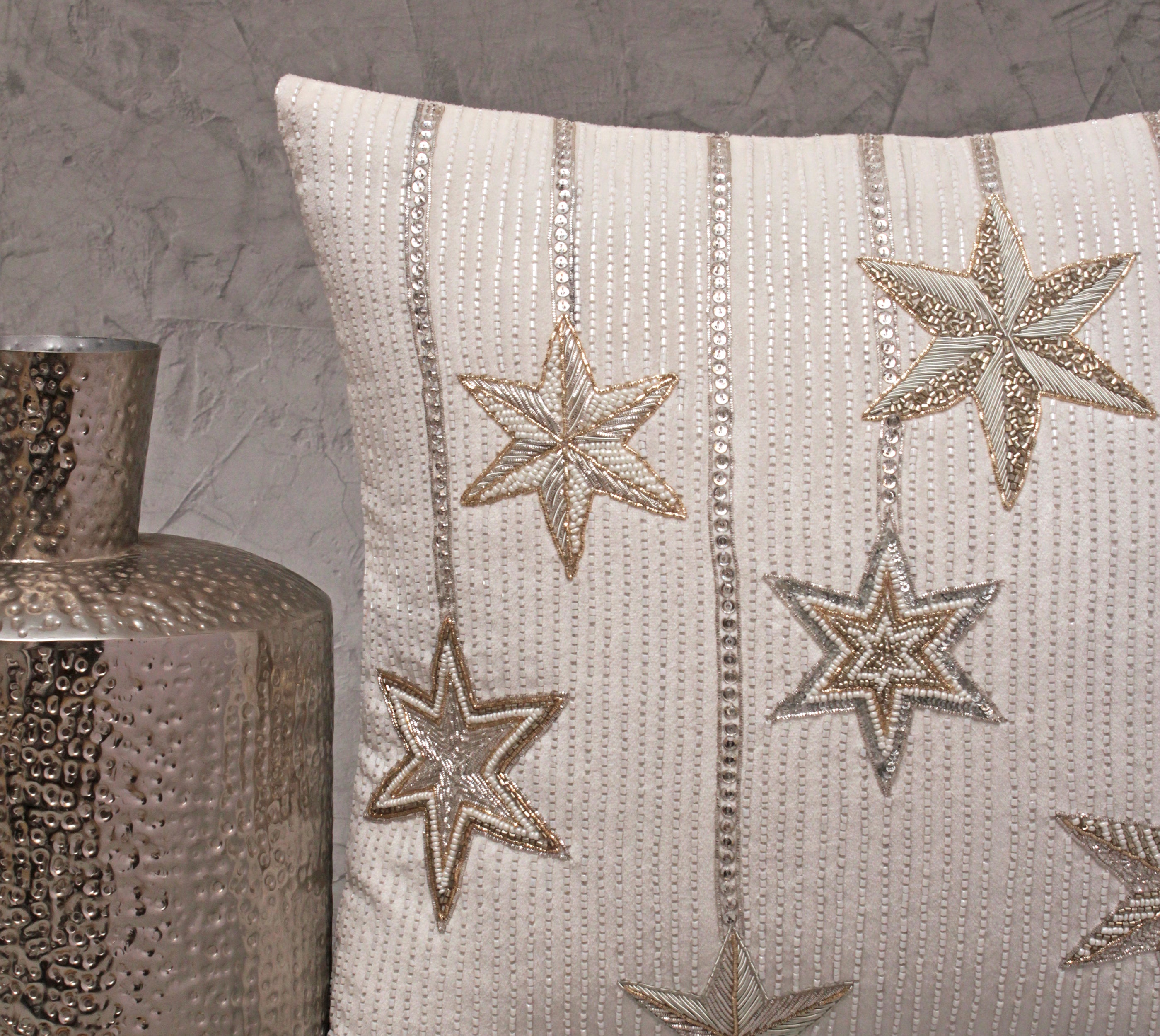 White Silver and Gold Star Cushion Cover
