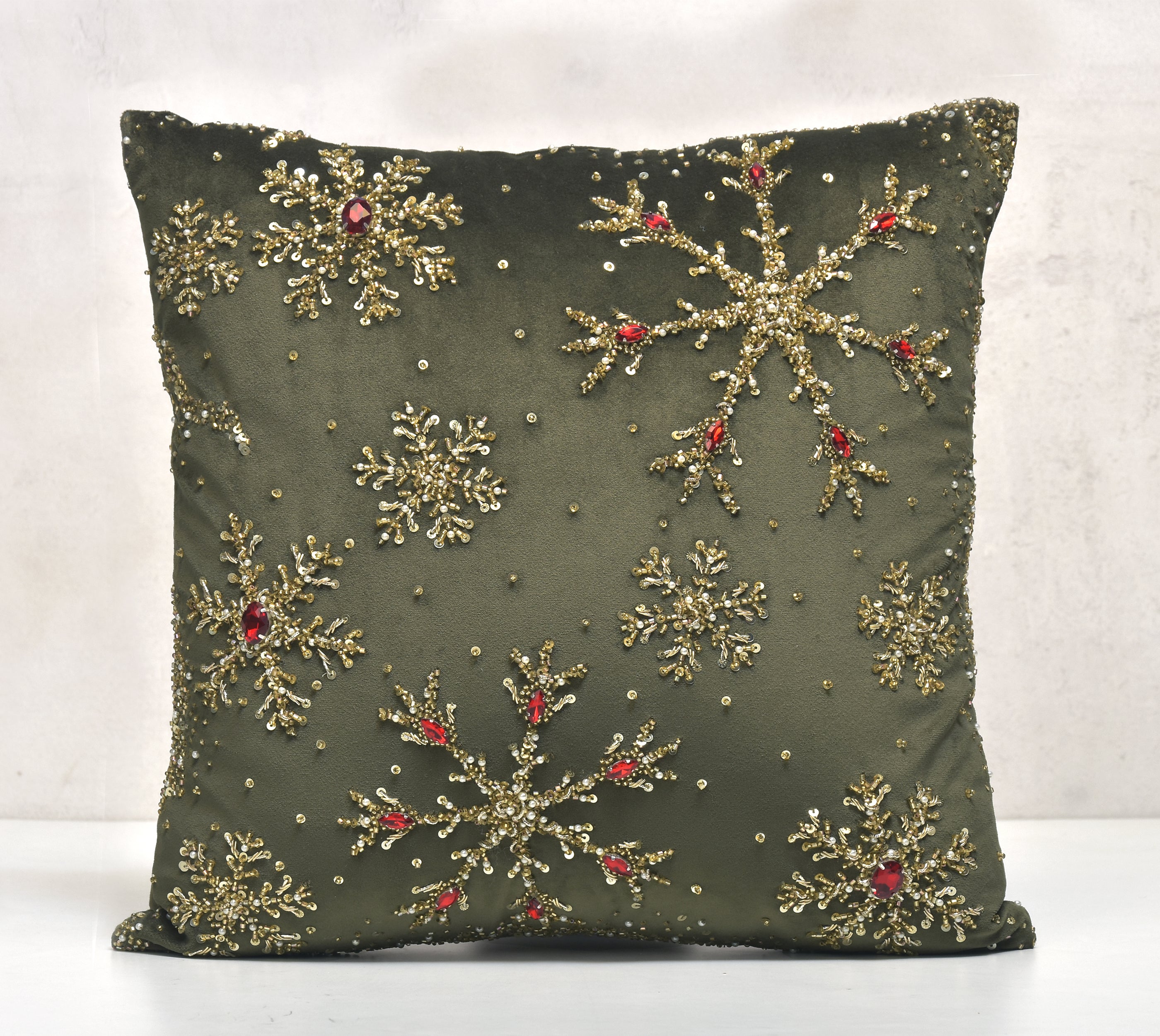 Green and Gold Snowflake Cushion Cover