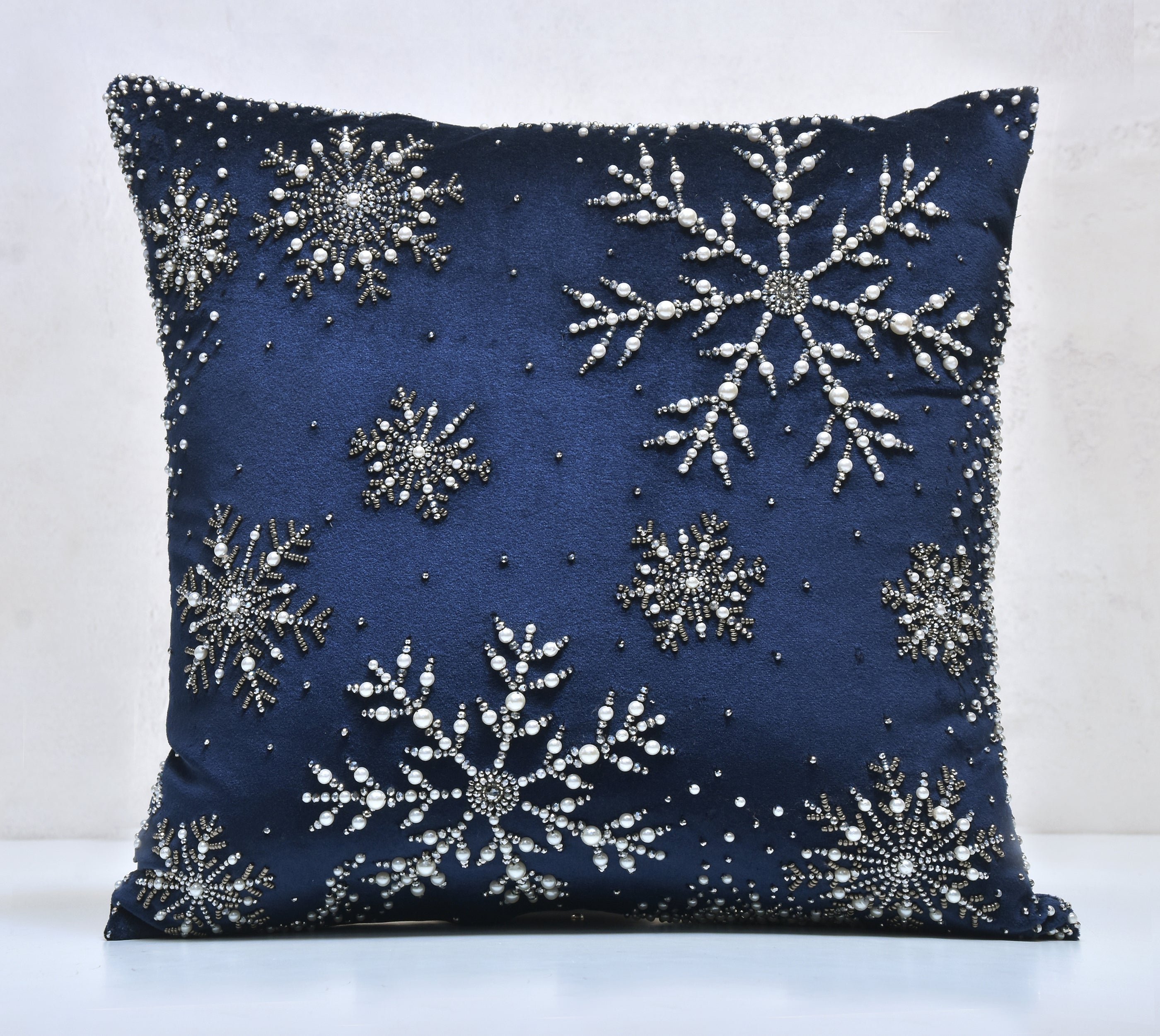 Navy Blue and Grey Snowflake Cushion Cover