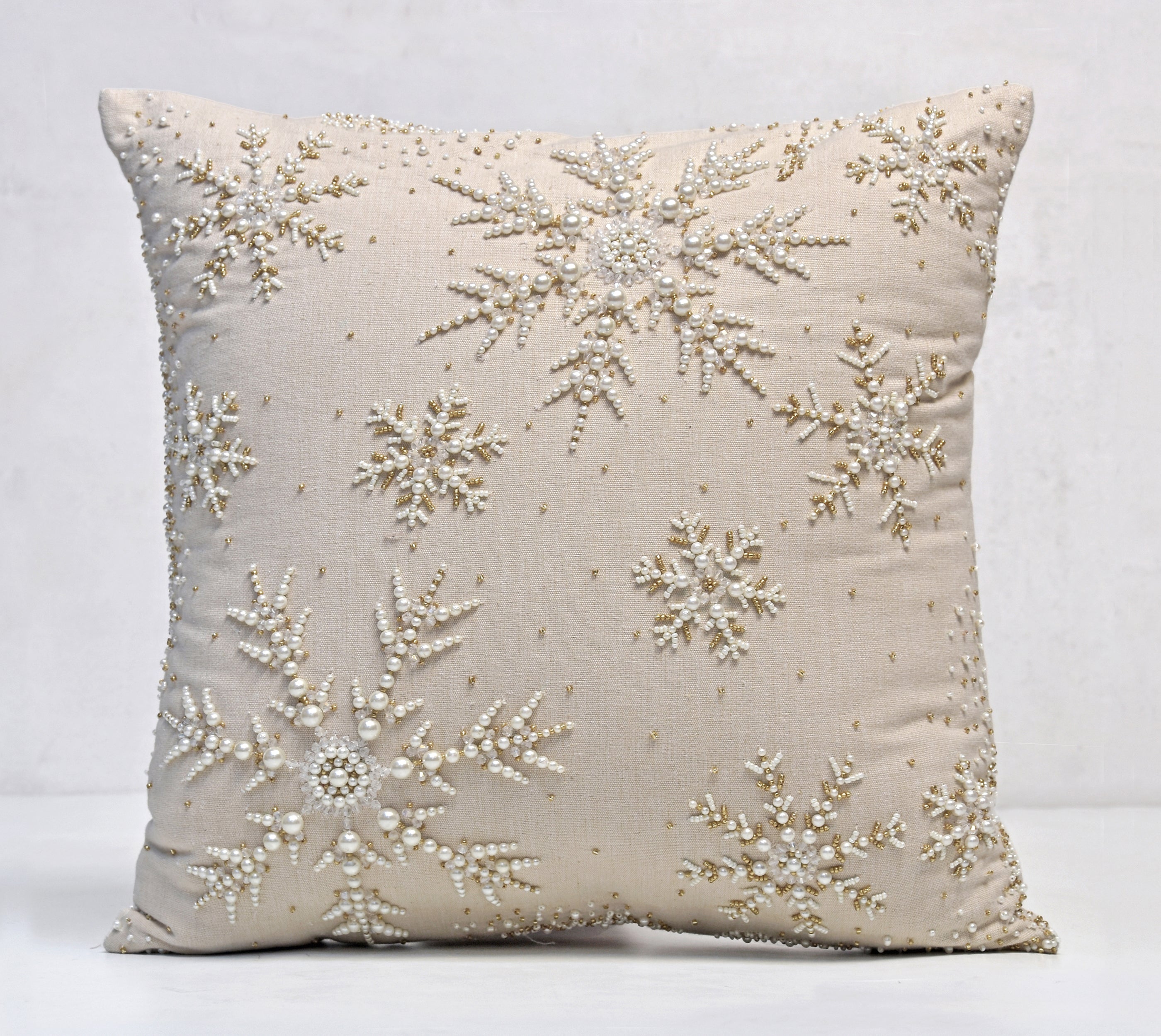 Natural Linen color, Pearl and Gold Snowflake Cushion Cover