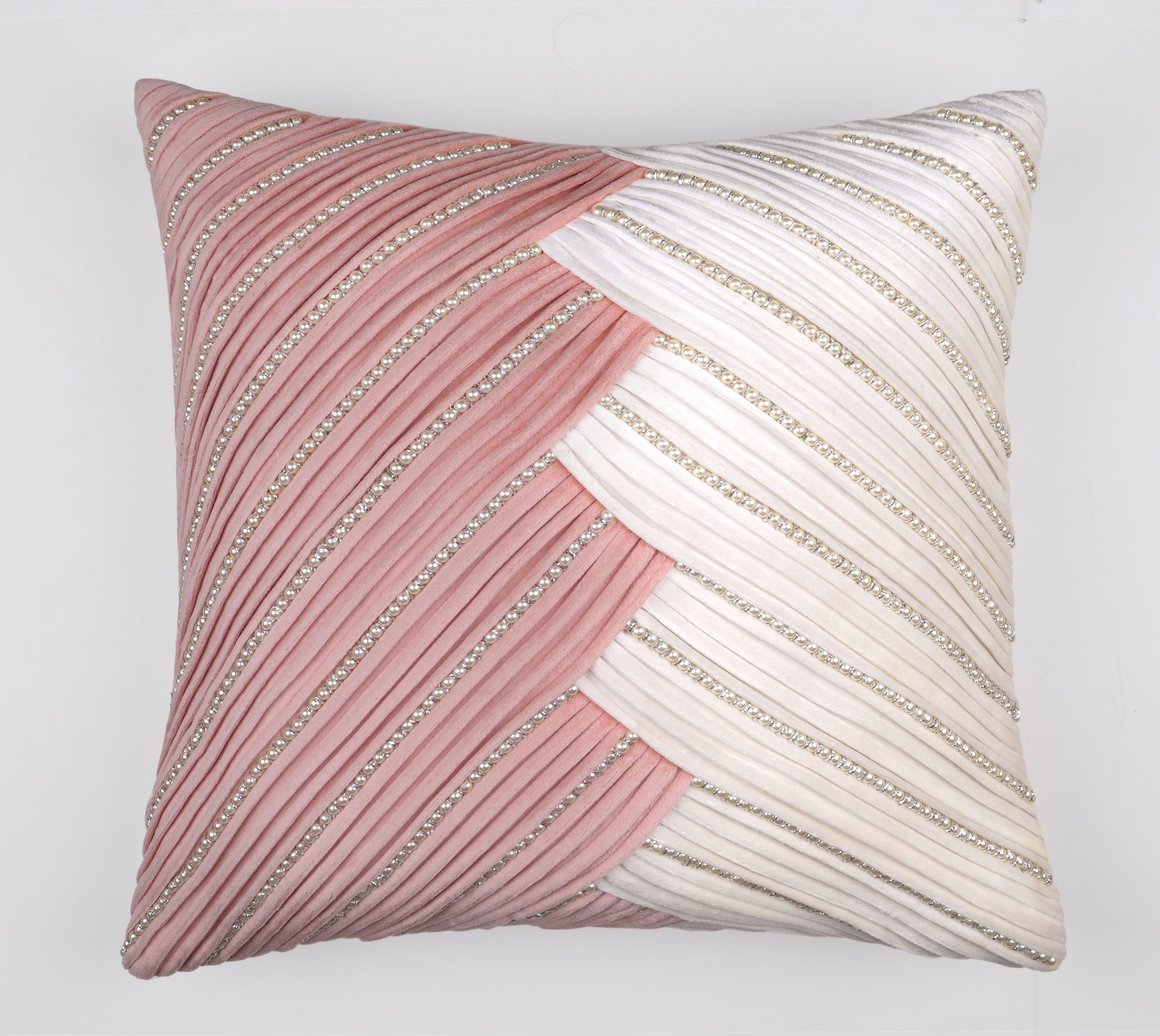 BEVEL Pink White Velvet Pleated Cushion Cover