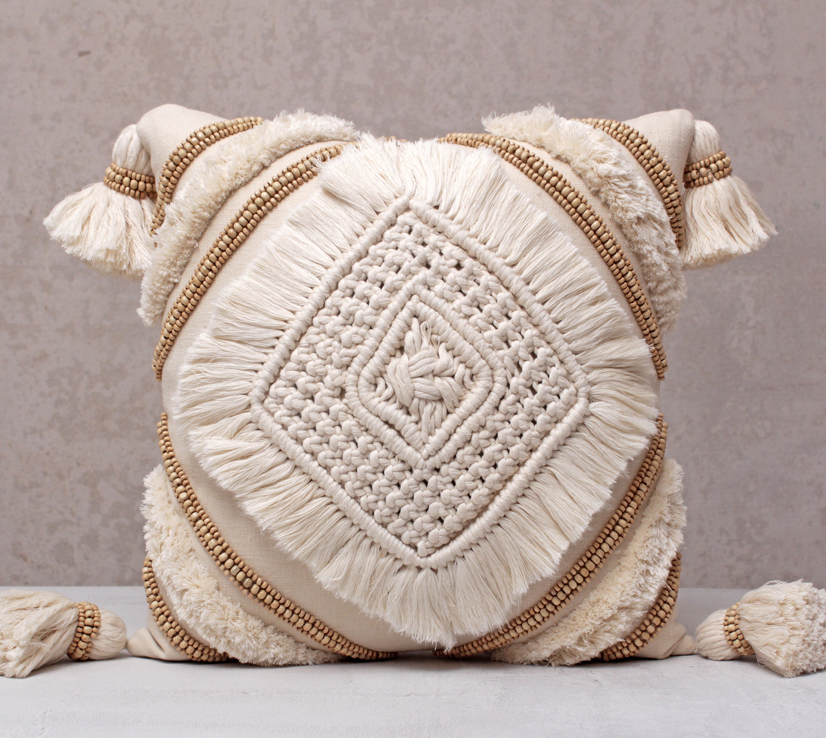 REVA Offwhite Macrame  Cotton Cushion Cover