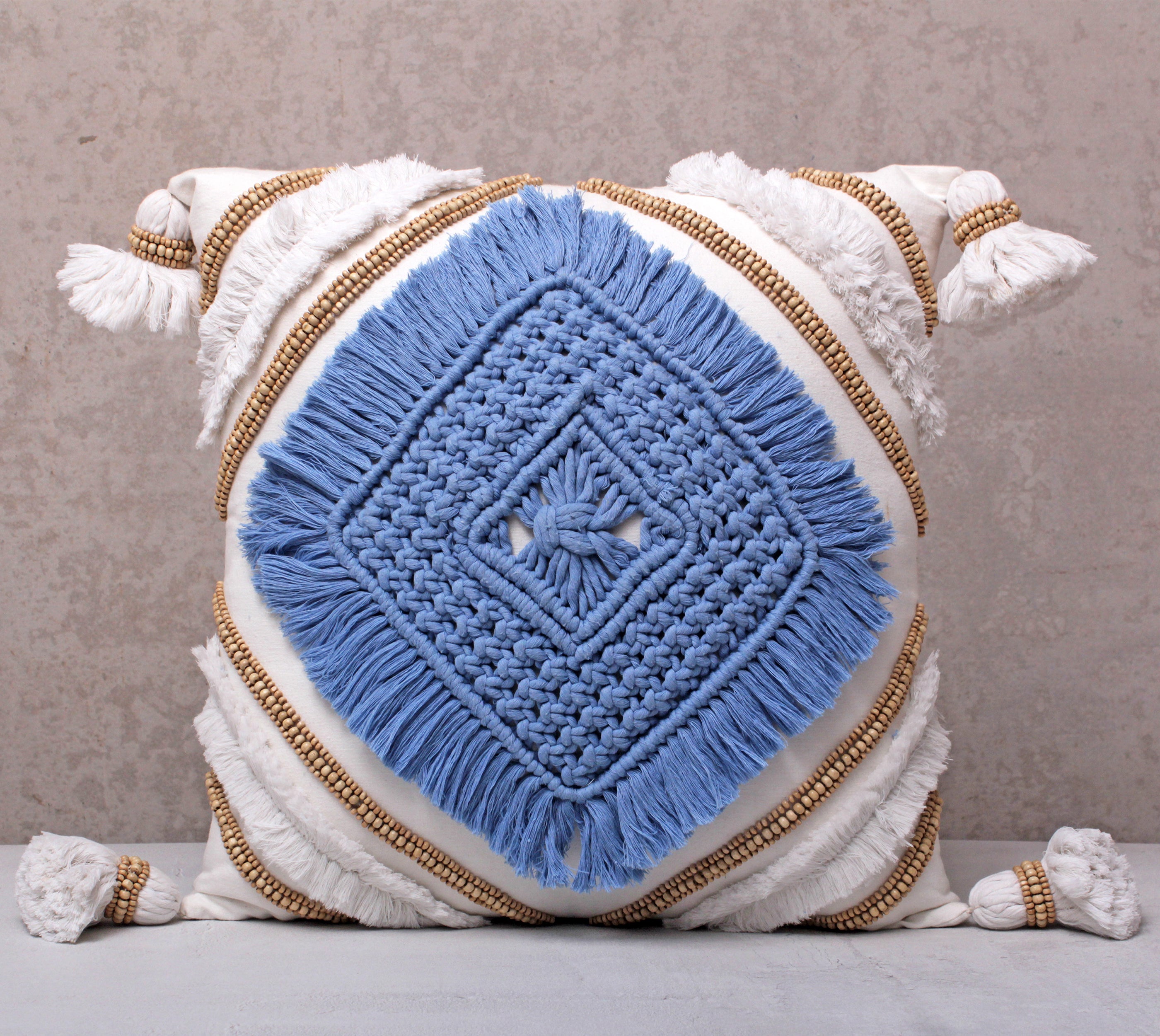 REVA Blue White Macrame Cotton Cushion Cover