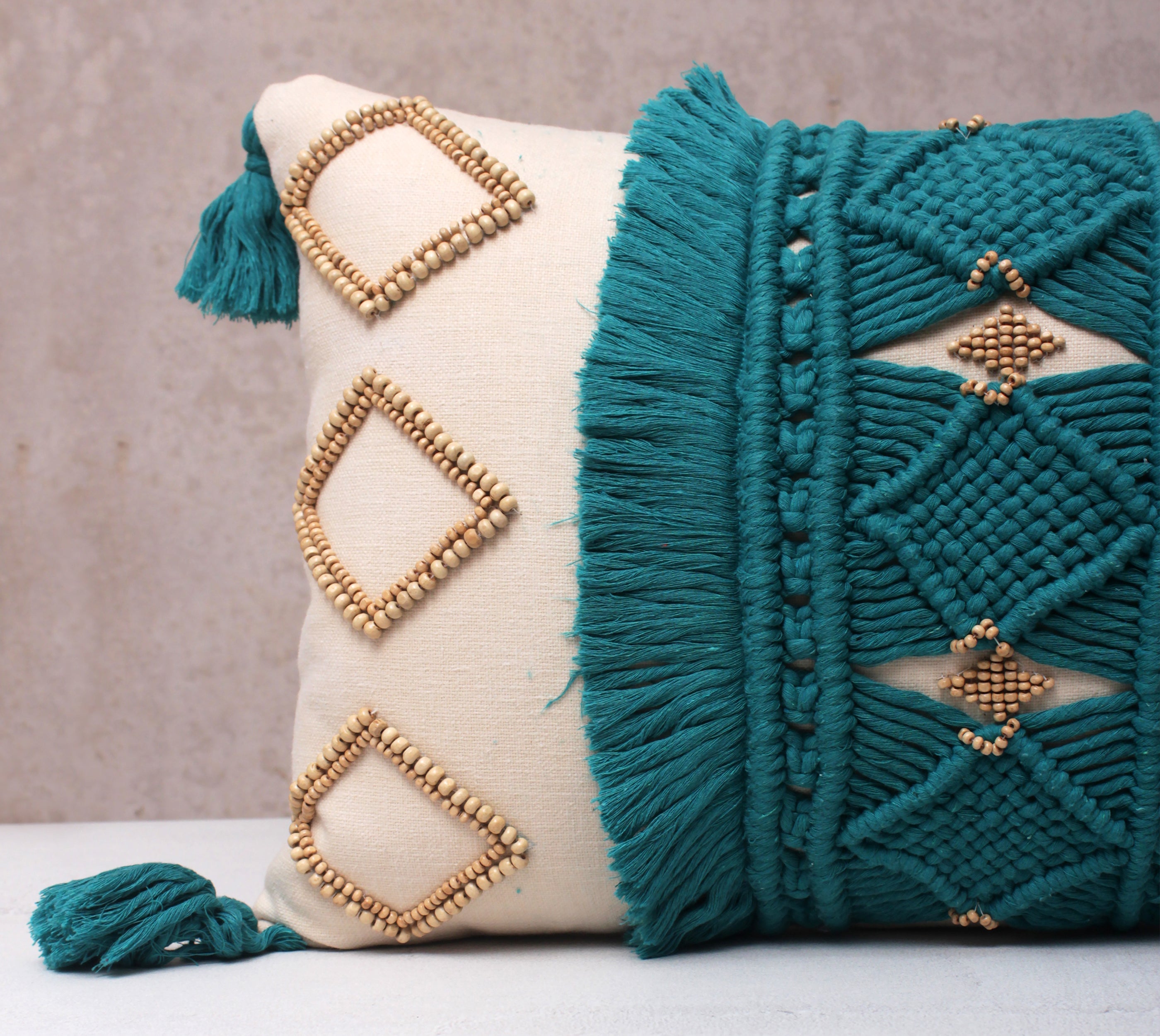 REVA Teal Off-white Macrame Cotton Cushion Cover