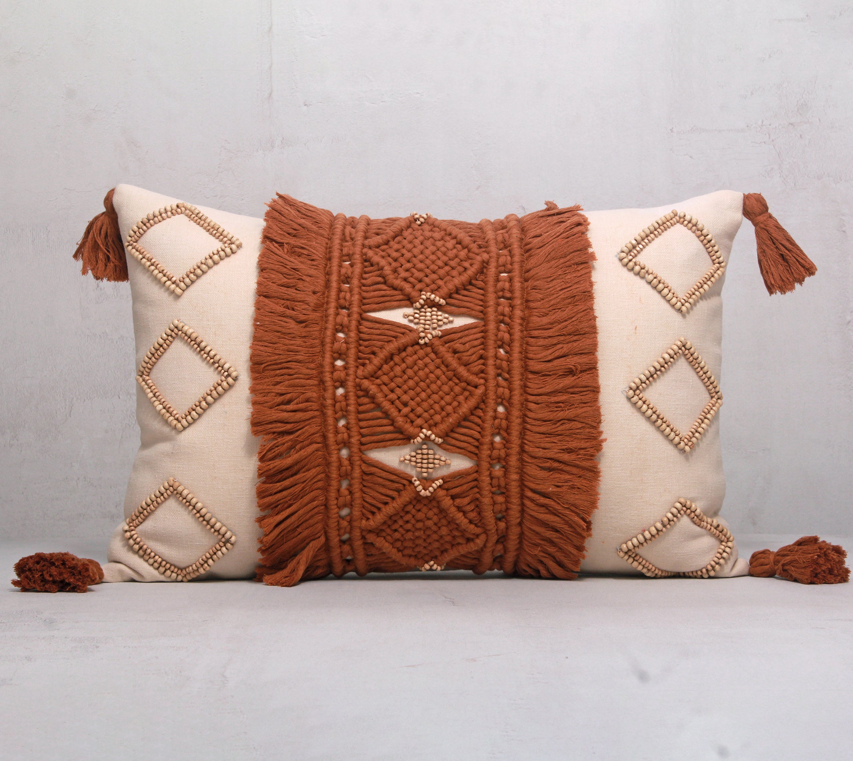 REVA Rust Off-white Macrame Cotton Cushion Cover