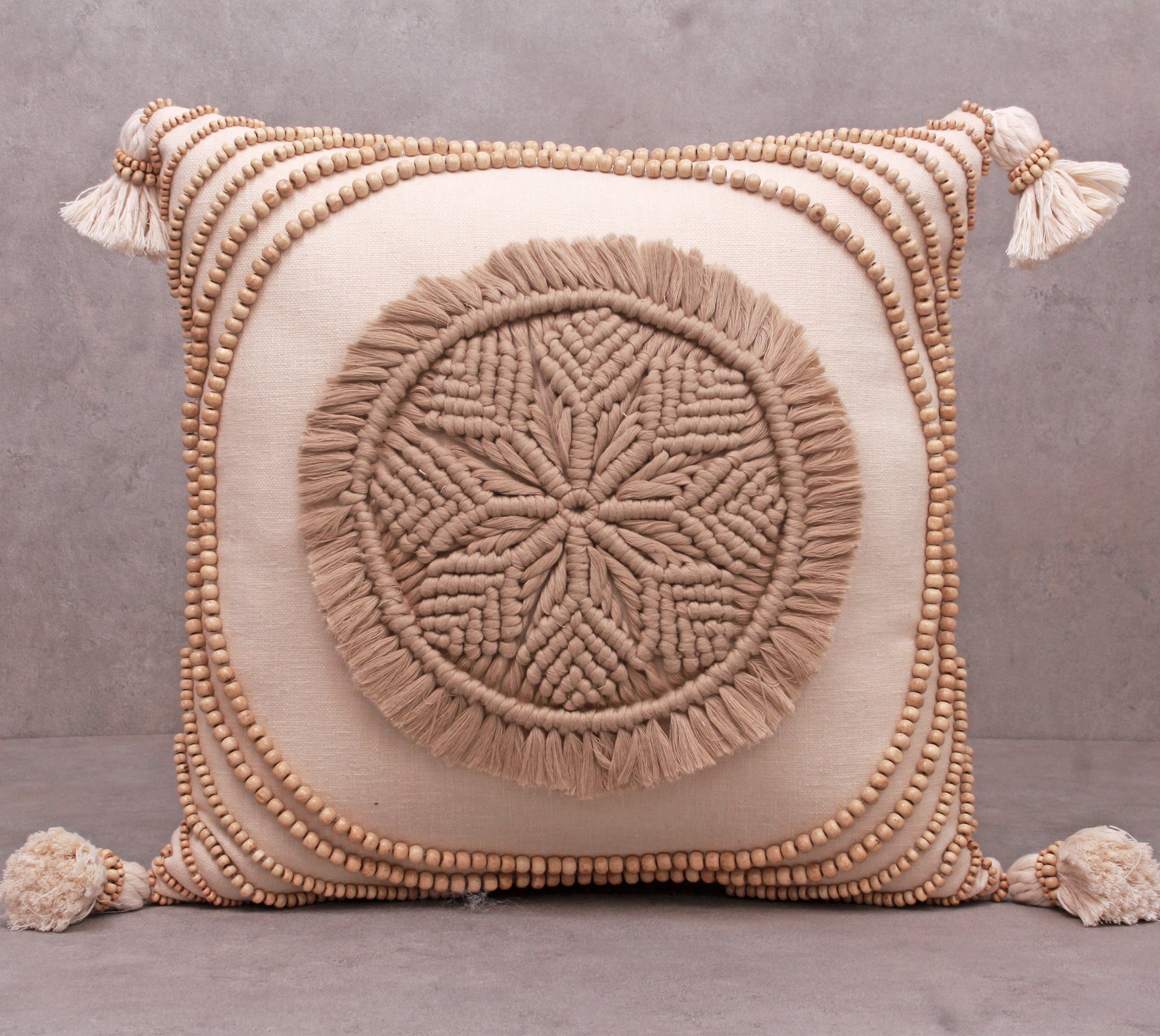 ORLA Off-white Gold Centre Macrame Cotton Cushion Cover