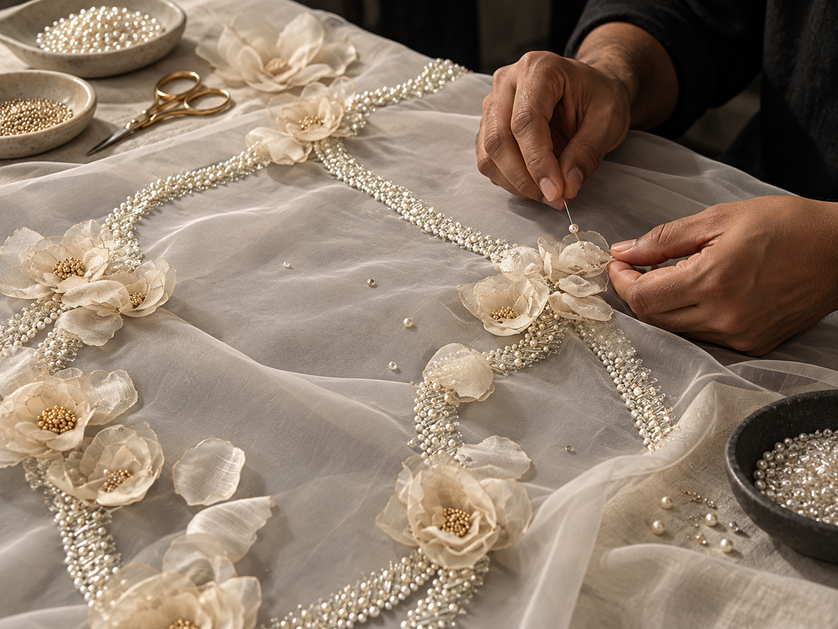 Bombay Mill artisan hand-finishing pearl and floral embroidery